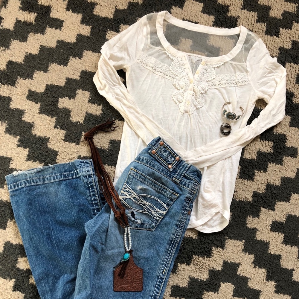 White Long Sleeve Lace/Mesh Top